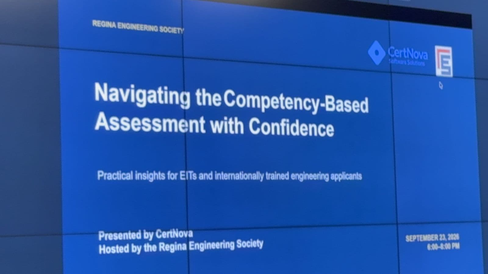 The title slide: presented by CertNova, hosted by the Regina Engineering Society