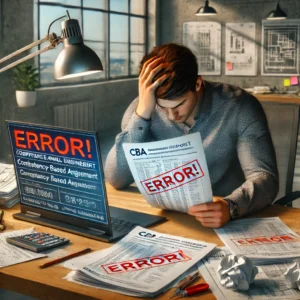 Frustrated engineer reviewing a CBA report with red corrections and a laptop displaying "Error!" to depict mistakes in early CBA writing for PEng.