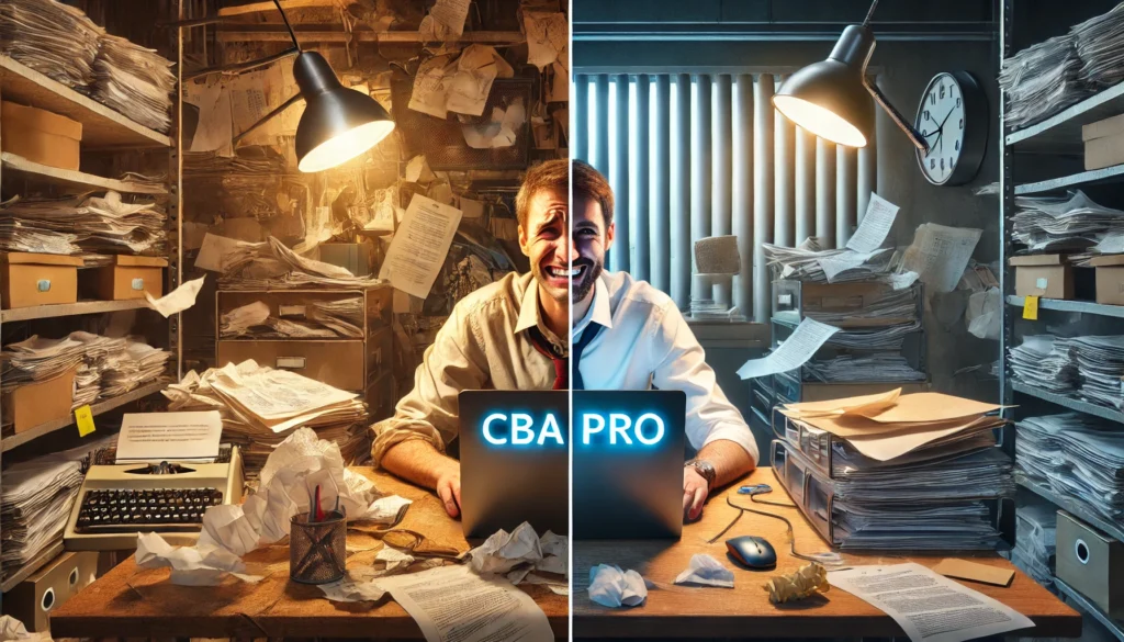 Split-screen image showing a frustrated engineer at a cluttered desk on the left, and a happy engineer using CBA Pro at a clean desk on the right.