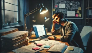 Engineer working late on a complex P.Eng competency report surrounded by paperwork and a laptop