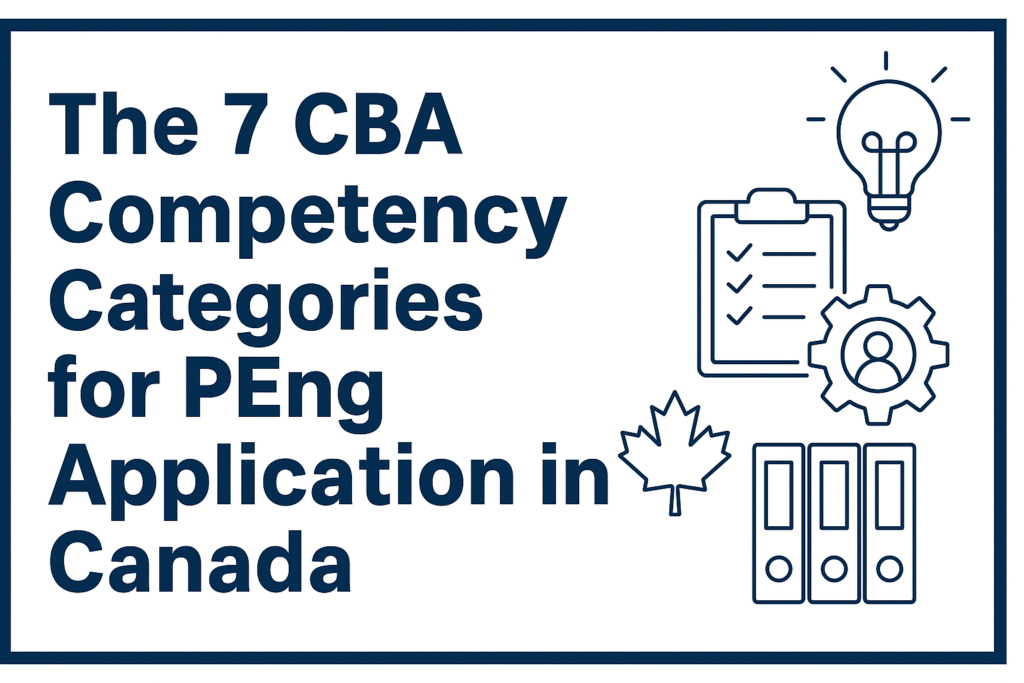The 7 CBA Competency Categories for PEng Application in Canada" title with engineering icons including a checklist, gear with human figure, maple leaf, binders, and lightbulb representing Canadian engineering assessment themes.