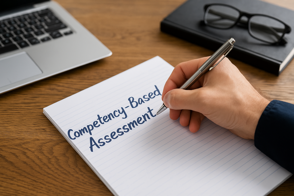 Hand writing “Competency-Based Assessment” on paper with pen beside a laptop and notebook on a wooden desk.